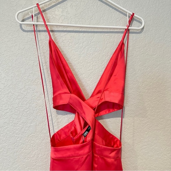 Zara Satin Effect Cut Out Midi Dress Coral Pink - Picture 3 of 10